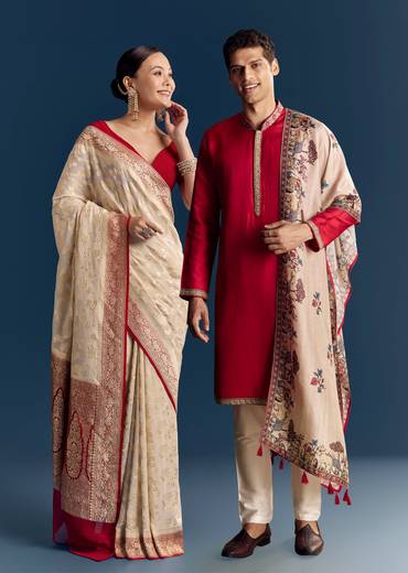 Classic Contrast Ceremony Couple Set – Off-White Khaddi Georgette Saree with Red Border for Her And Red Kurta Set for Him