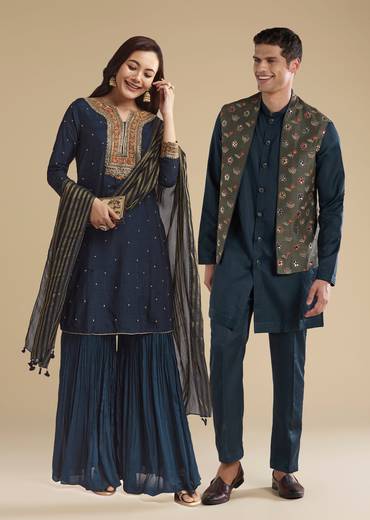 Midnight Zardosi Statement Couple Set – Navy Zardosi Kurta Sharara Set with Organza Dupatta for Her And Green Embellished Jacket Kurta Set for Him
