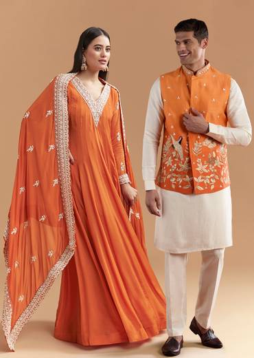 Vibrant Celebration Couple Set – Orange Chinon Hand-Embroidered Anarkali for Her And Orange Silk Kurta Jacket Set with Zardosi Work for Him
