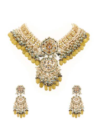 Gold-Finish Kundan Choker Necklace With Colorful Intricate Meenakari Work And Stones In Mix Metal