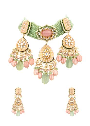 Gold-Finish Green-Stone Kundan Choker Necklace Set With Colourful Meenakari Work In Mix Metal