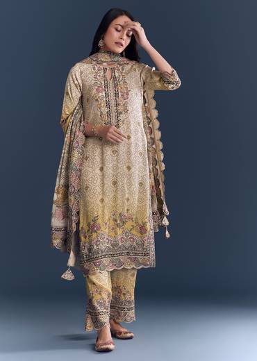 Sunlit Couple Set – Yellow-Beige Ombre Floral Kurta Set for Her And Multicolour Silk Thread Work Kurta Jacket Set for Him