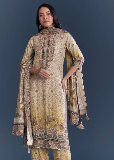 Sunlit Couple Set – Yellow-Beige Ombre Floral Kurta Set for Her And Multicolour Silk Thread Work Kurta Jacket Set for Him