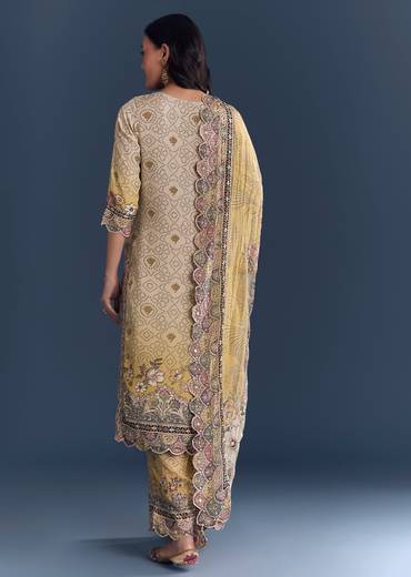 Sunlit Couple Set – Yellow-Beige Ombre Floral Kurta Set for Her And Multicolour Silk Thread Work Kurta Jacket Set for Him