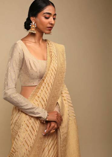 Gold Saree In Georgette With Woven Diagonal Stripes, Floral Pallu And Unstitched Blouse