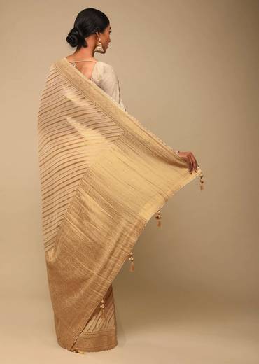 Gold Saree In Georgette With Woven Diagonal Stripes, Floral Pallu And Unstitched Blouse