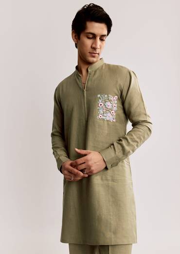 Beige Linen Kurta Set With Embroidery
