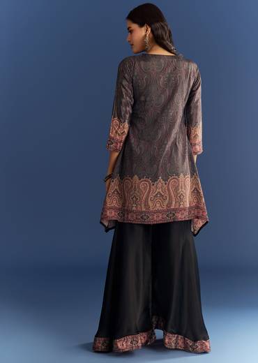 Black Satin Paisley Print Kurta Sharara With Cut Dana Embroidery