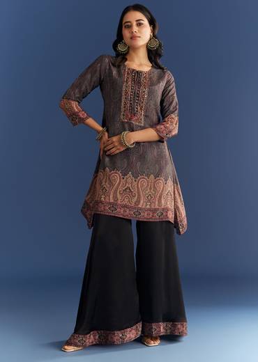 Black Satin Paisley Print Kurta Sharara With Cut Dana Embroidery