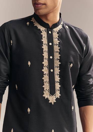 Black Silk Kurta Set For Men With Zardosi And Aari Work