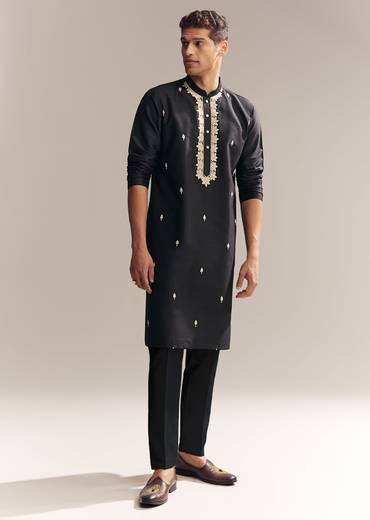 Black Silk Kurta Set For Men With Zardosi And Aari Work