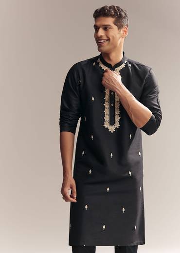 Black Silk Kurta Set For Men With Zardosi And Aari Work