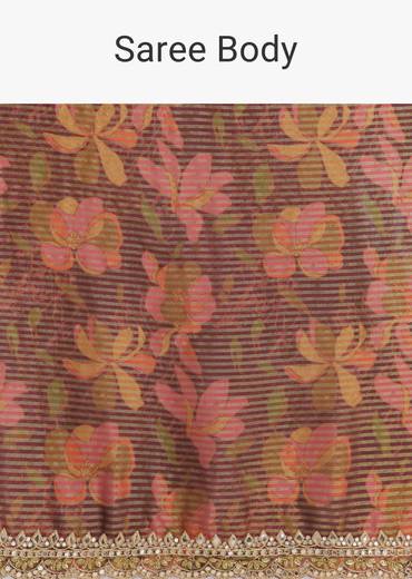 Brown Printed Tissue Lurex Saree With Zari Mirror And Cutdana Embroidery