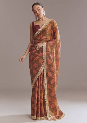 Brown Printed Tissue Lurex Saree With Zari Mirror And Cutdana Embroidery