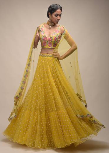 Citrus Lehenga And Crop Top With Resham Embroidered Spring Blossoms