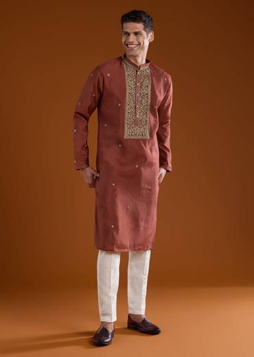 Maroon Red Silk Kurta Set With Thread Detail