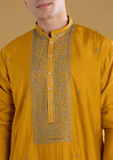 Mustard Yellow Silk Kurta Set With Thread Detail Work