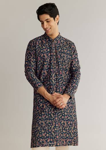Navy Blue Silk Floral Printed Kurta Set With Cutdana Work