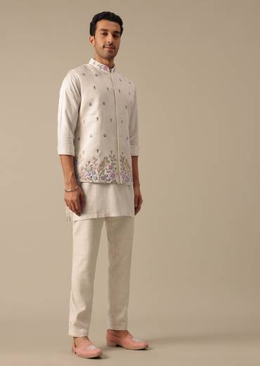 Off White Floral Embroidered Jacket Kurta Set