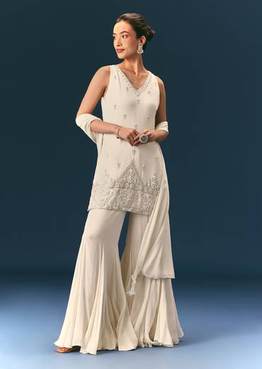 Off White Hand Embroidered Sharara Suit With Choker Dupatta