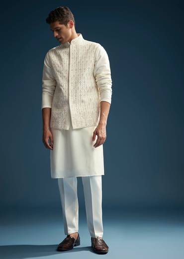 Off White Silk Kurta Jacket Set For Men With Mirror Embroidery