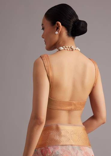 Onion Pink Tissue Silk Printed Saree With Zari Woven Contrast Border And Pallu