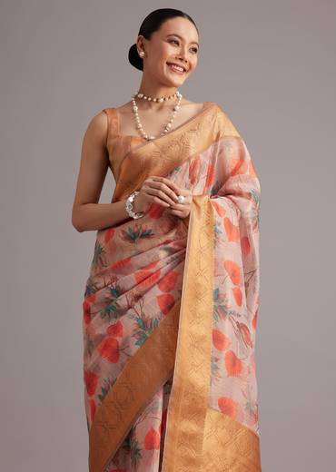 Onion Pink Tissue Silk Printed Saree With Zari Woven Contrast Border And Pallu