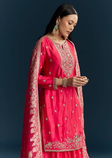 Pink Zari Palazzo Suit Set With Dupatta