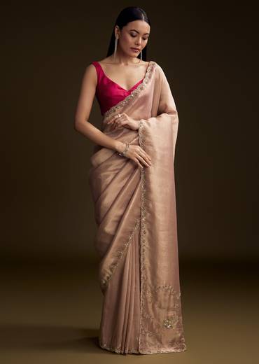 Pink Tissue Saree With Cutdana And Mirror Embroidery
