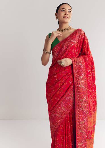 Red Dola Silk Saree With Traditional Floral Amd Jaal Work