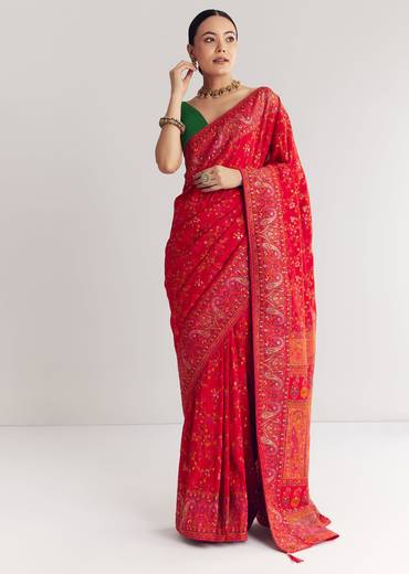Red Dola Silk Saree With Traditional Floral Amd Jaal Work