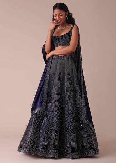 Navy Blue Wrinkle Satin Lehenga With Swarovski Crystals