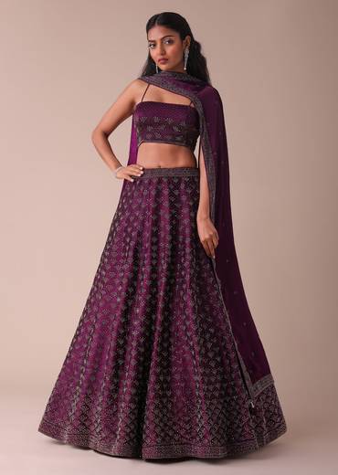 Mulberry Purple Wrinkle Satin Lehenga With Swarovski Crystals
