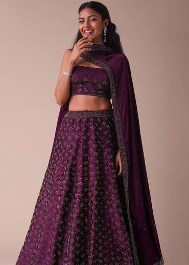 Mulberry Purple Wrinkle Satin Lehenga With Swarovski Crystals