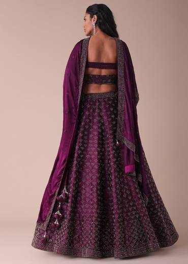 Mulberry Purple Wrinkle Satin Lehenga With Swarovski Crystals