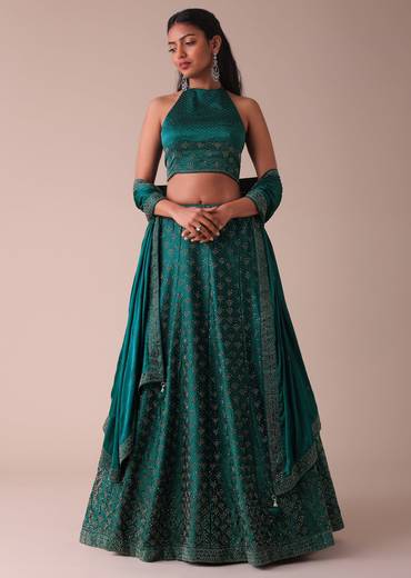 Deep Green Swarovski Embellished Lehenga In Wrinkle Satin