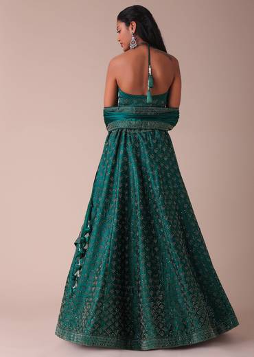 Deep Green Swarovski Embellished Lehenga In Wrinkle Satin