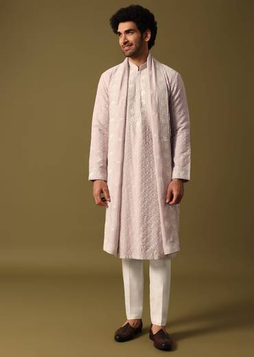 Lavender Kurta Pant Set With Dupatta In Resham Work For Men