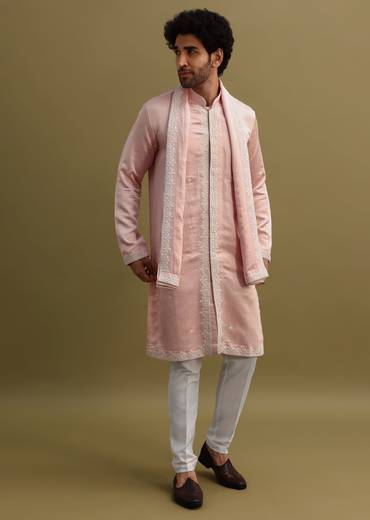 Peach Thread Work Kurta With Dupatta Set