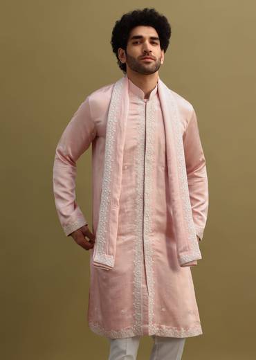 Peach Thread Work Kurta With Dupatta Set