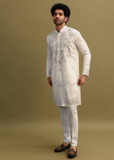 White Embroidered Mirror Work Kurta Set For Men