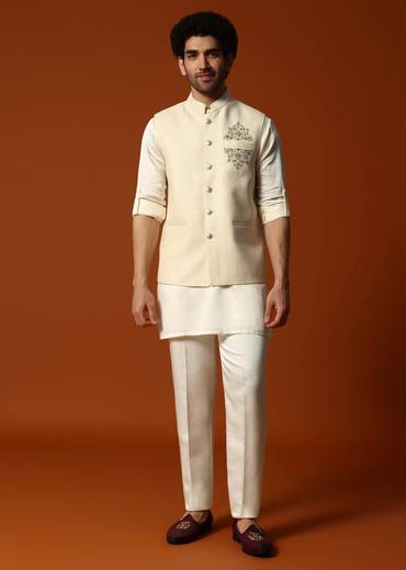 Cream Silk Kurta Jacket Set For men