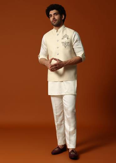Cream Silk Kurta Jacket Set For men