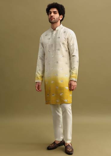 Yellow Shaded Gold Foil Applique Motifs Work Kurta