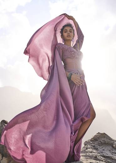 Mauve Embroidered Pre Pleated Drape Gown With Trail On Shoulder