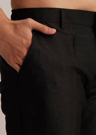 Midnight Black Royal Pair – Pakistani Style Palazzo Suit For Her And Black Silk Kurta With Embroidered Nehru Jacket For Him