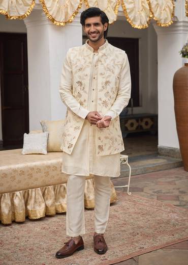 Ivory Floral Embroidered Jacket Kurta Set