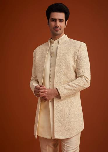 Beige Cotton Silk Open Sherwani Set With Resham Work