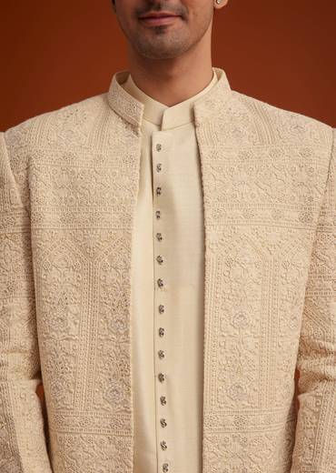 Beige Cotton Silk Open Sherwani Set With Resham Work