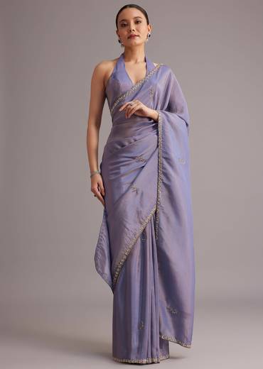 Violet Tissue Silk Saree With Cutdana And Sequin Embroidered Border